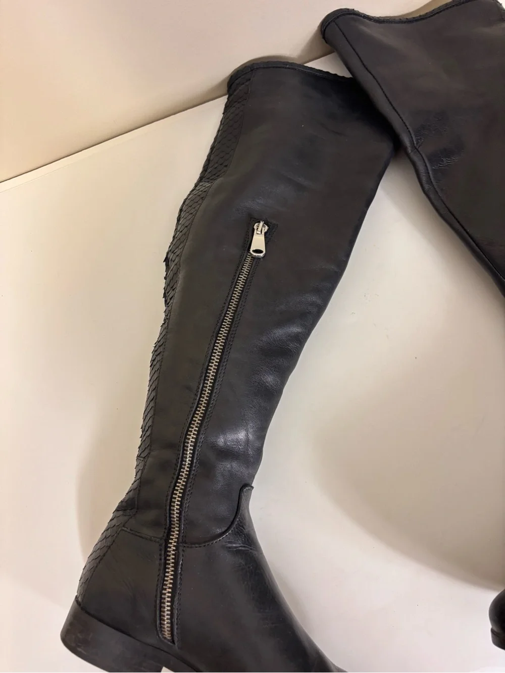 Ron White Women's Over-the-Knee Black Leather Riding Boots with Snakeskin Back 7